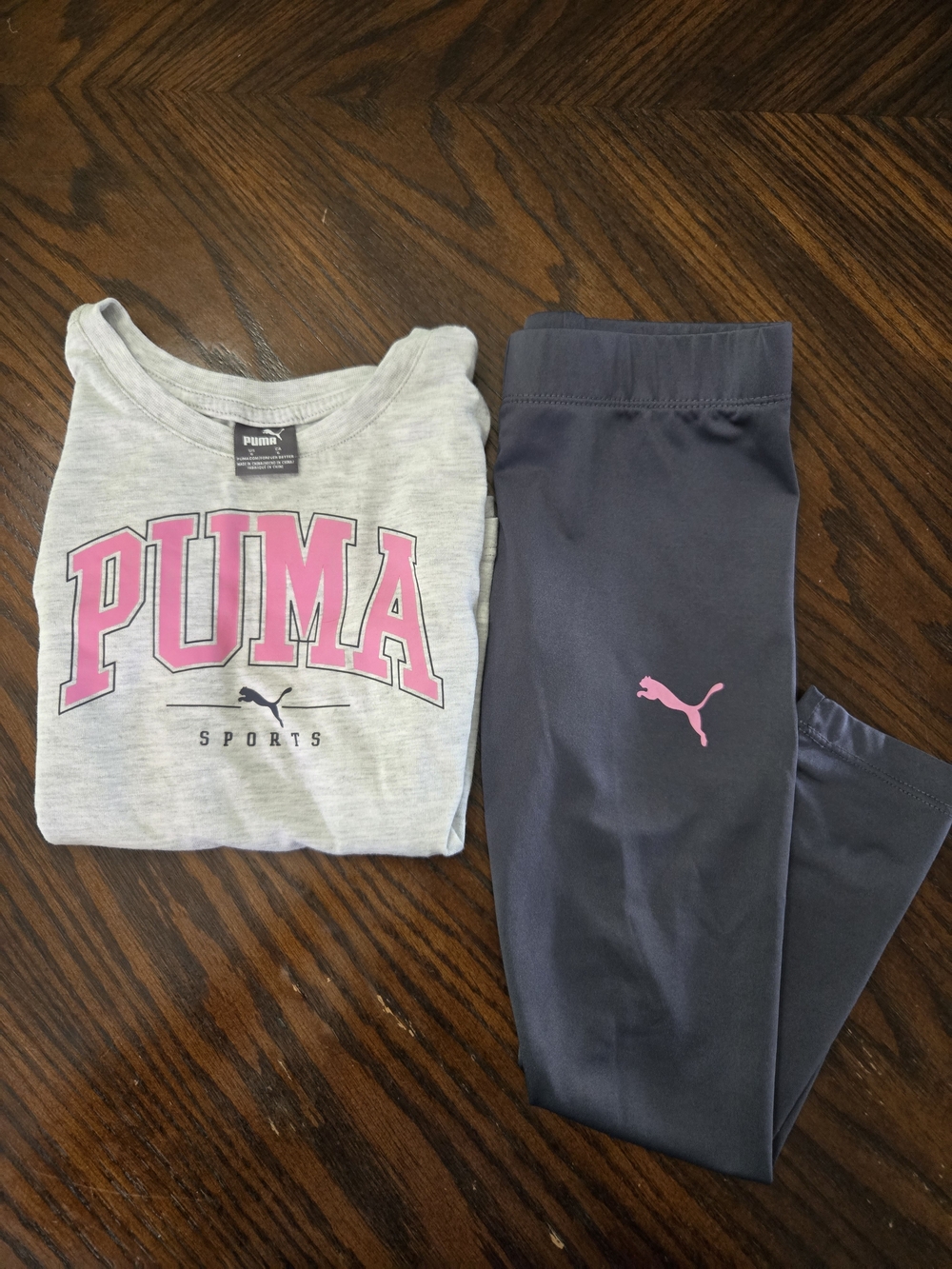 PUMA Light Gray Top & Navy Leggings with Pink Logo